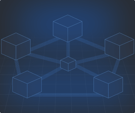 Network diagram with a central cube connected to five surrounding cubes by lines on a blue grid background.
