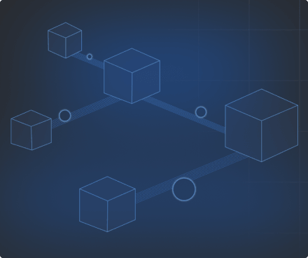 Abstract network diagram with interconnected translucent cubes and circle nodes on dark blue grid background.