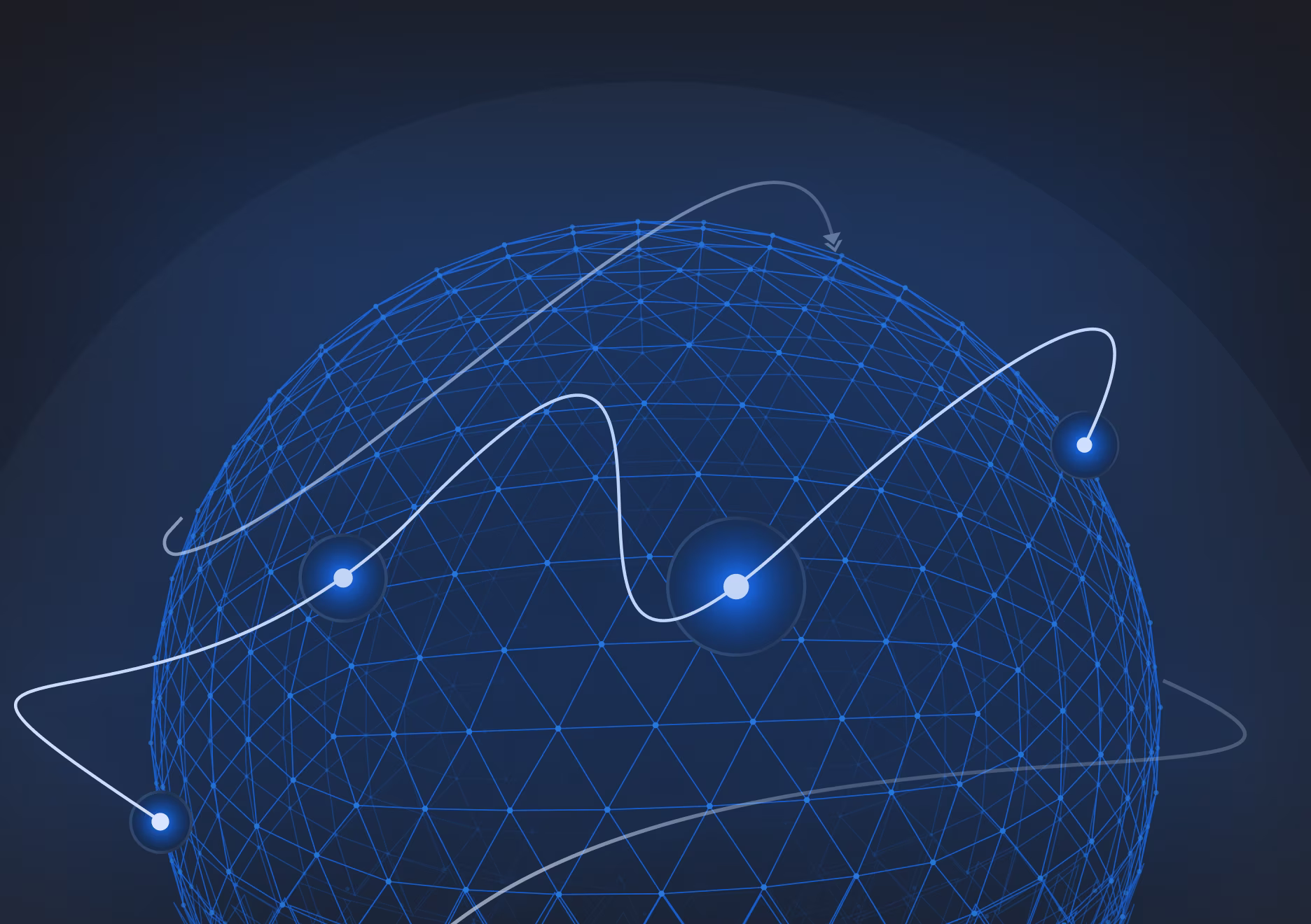 Glowing points connected by lines on a blue wireframe globe symbolizing a digital network.