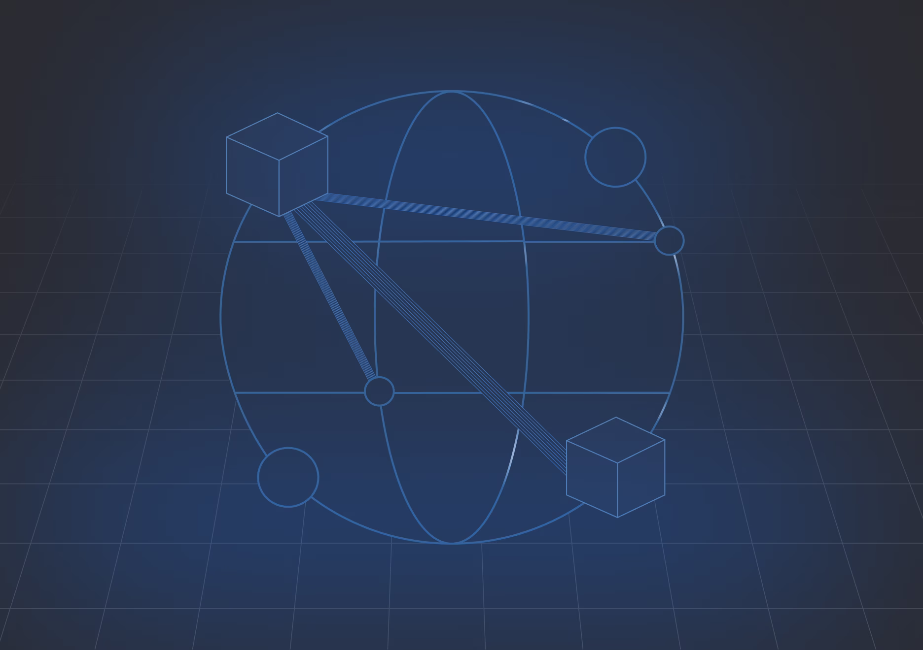 Glowing points connected by lines on a blue wireframe globe symbolizing a digital network.