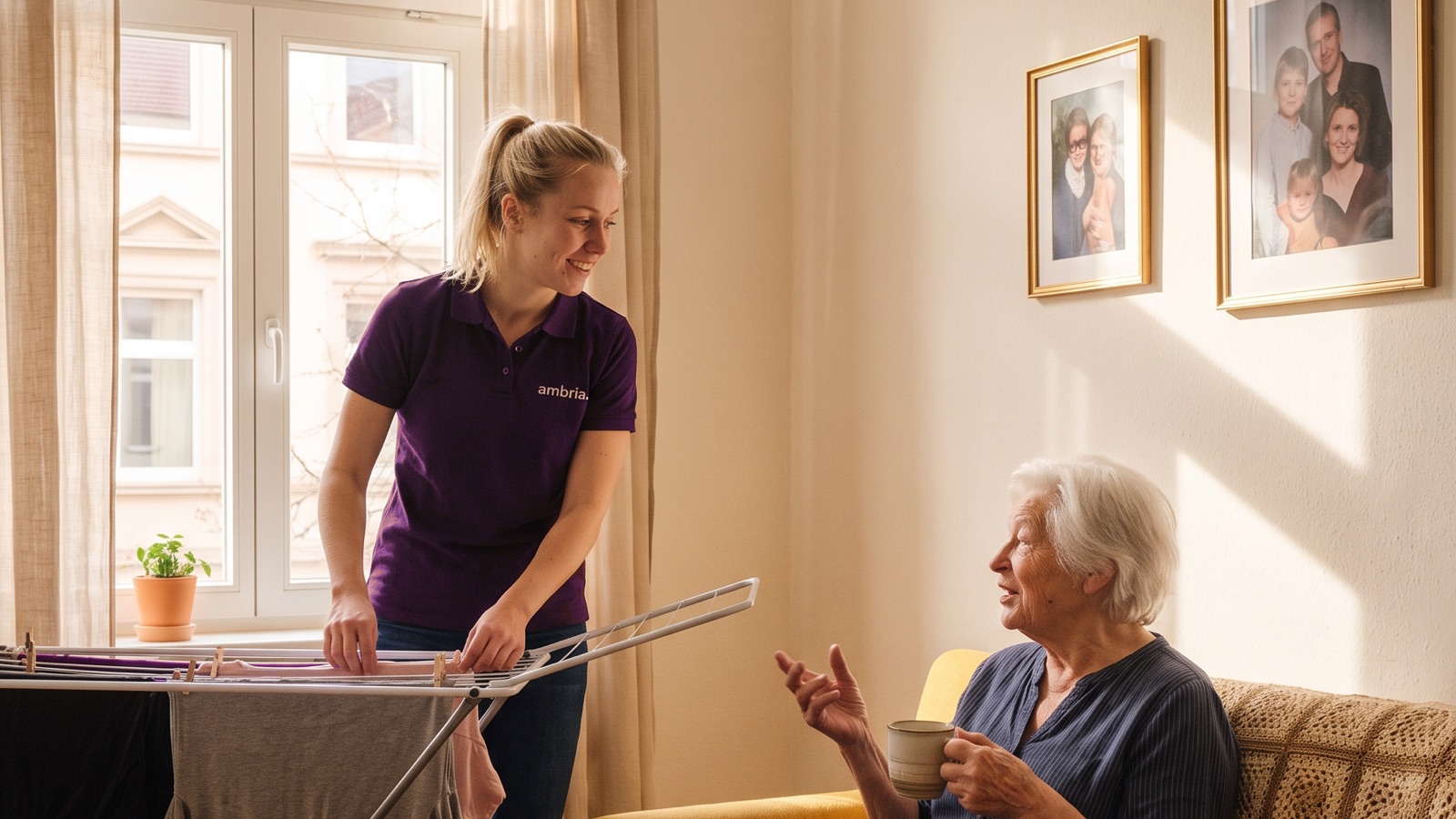 ambria Alltagshelferin hängt Wäsche auf, während die Seniorin mit Kaffee auf dem Sofa sitzt