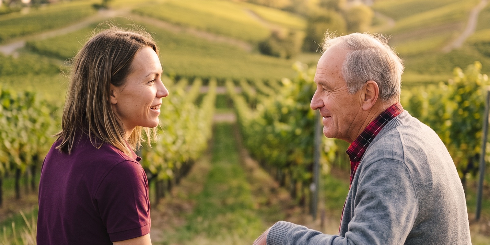 Alltagshelferin und Senior sitzen auf einer Bank mit Blick über Weinberge und die Stadt