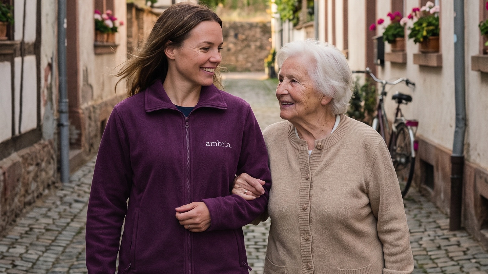 ambria Alltagshelferin geht Arm in Arm mit einer Seniorin durch eine Fachwerkgasse