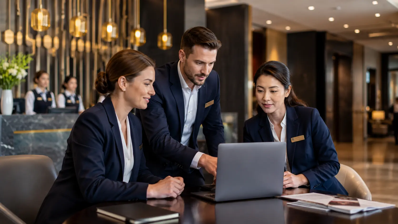 Équipes d'une chaîne hôtelière multi-sites se formant sur smartphone en réception et en housekeeping
