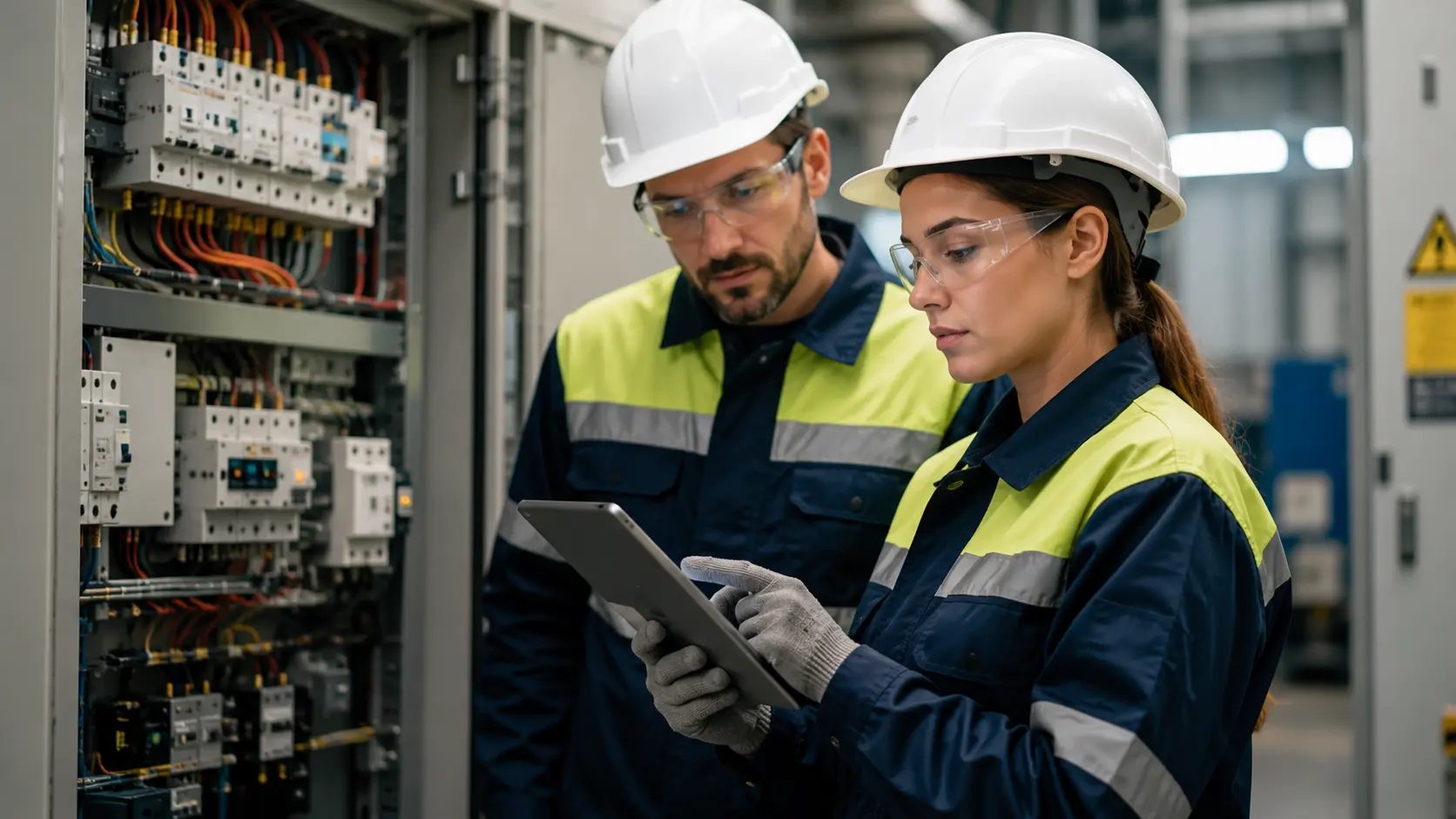Techniciens électriciens en chantier se formant à l'habilitation NF C 18-510 sur smartphone