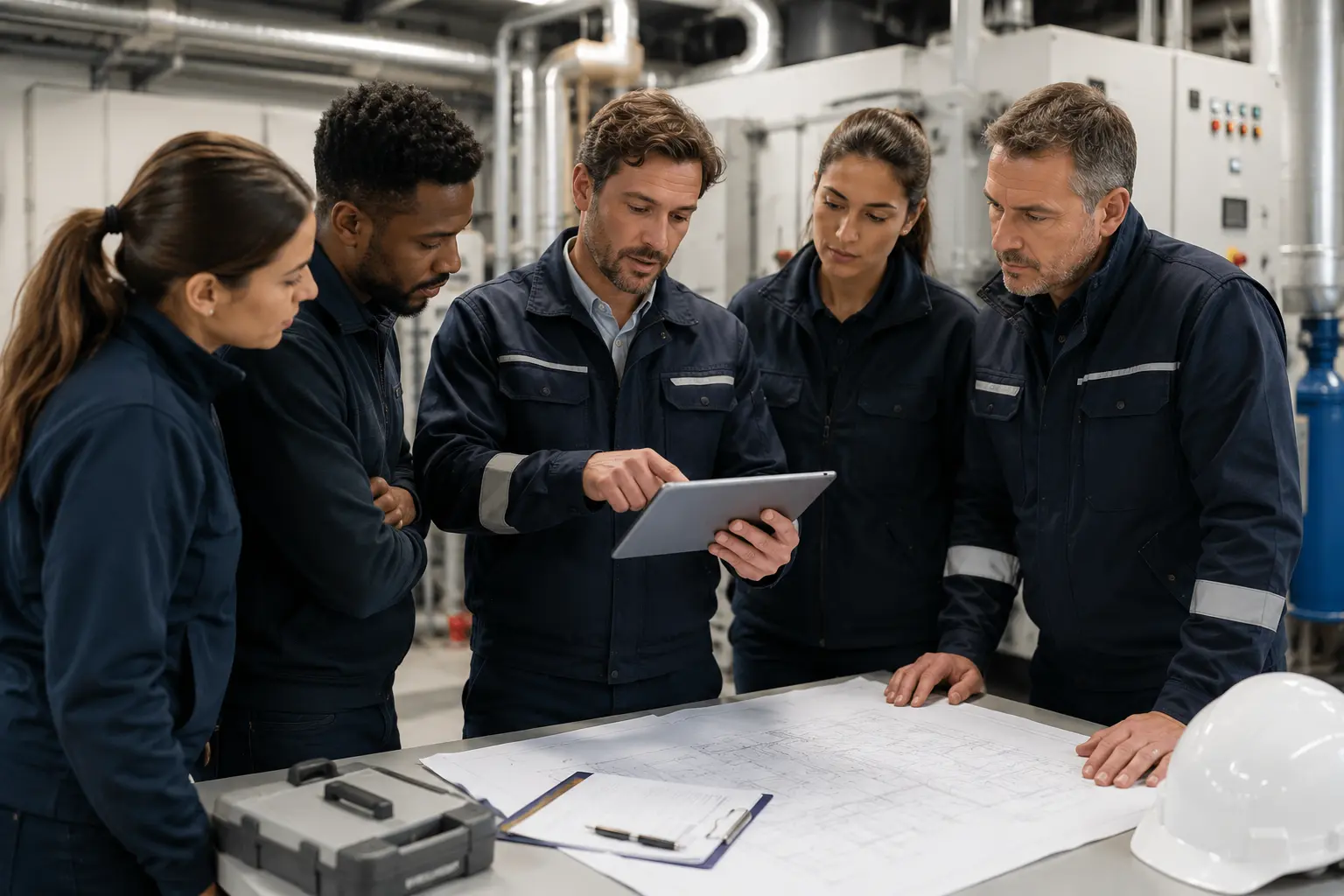 Facility management technician on site, viewing a training course on a smartphone