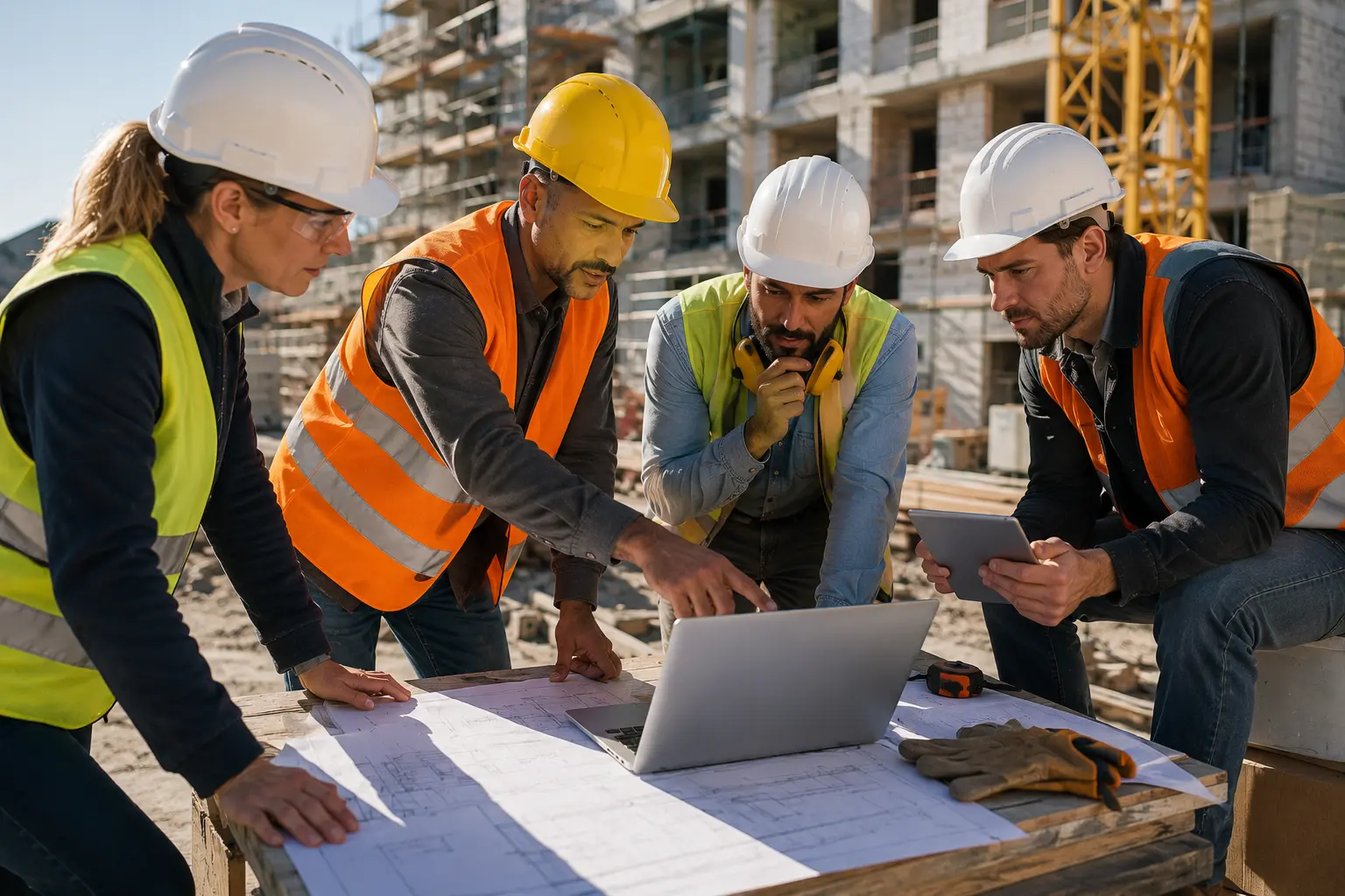 Ouvrier du BTP en tenue de chantier consultant une formation Beedeez sur smartphone, hors ligne