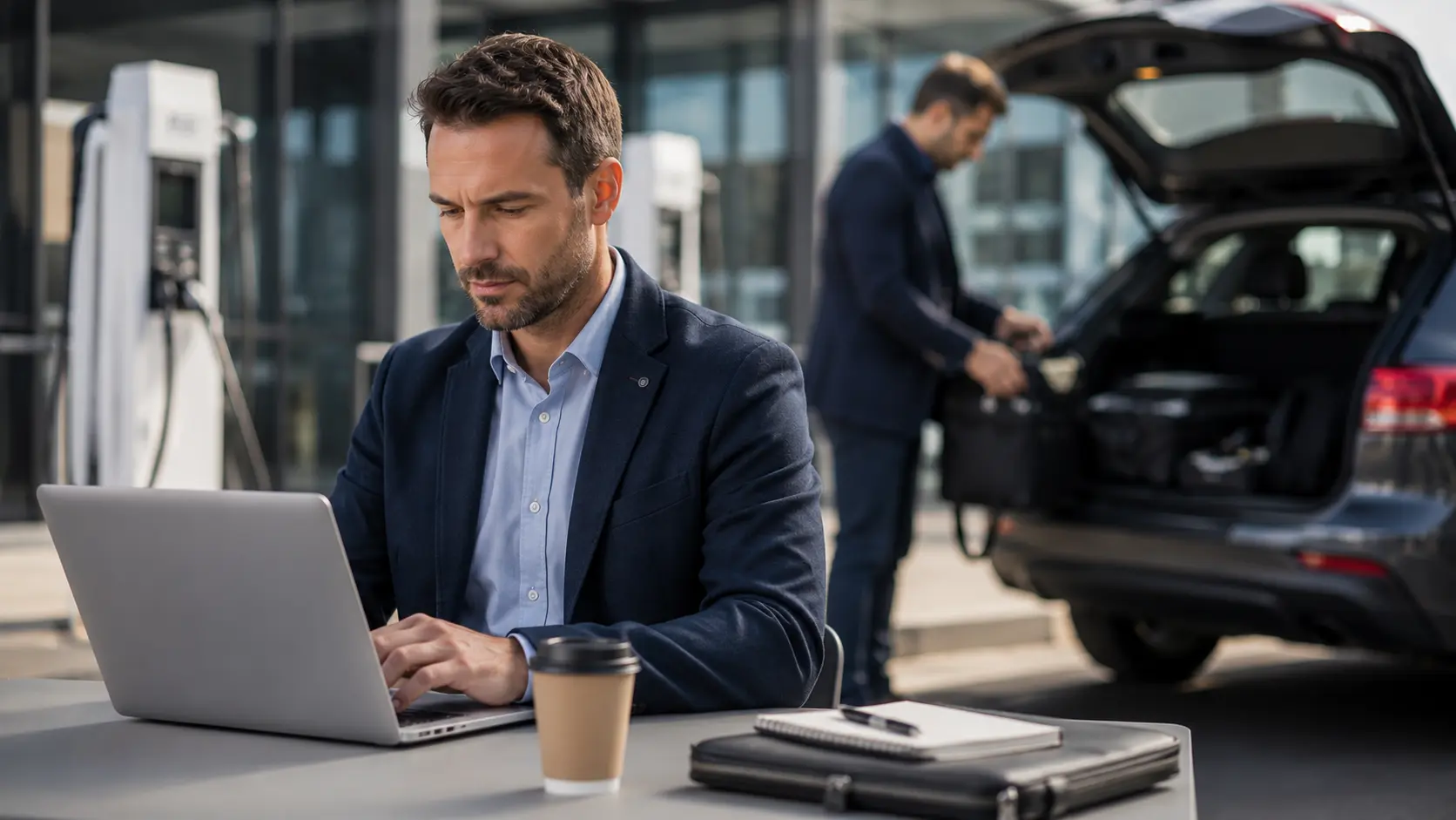 Commercial B2B itinérant consultant sa formation sur smartphone avant un rendez-vous client