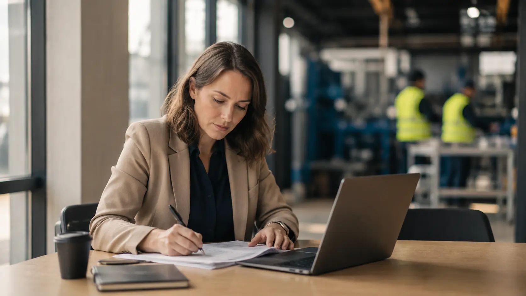 Responsable formation rédigeant un cahier des charges LMS pour ses équipes terrain sur un site industriel