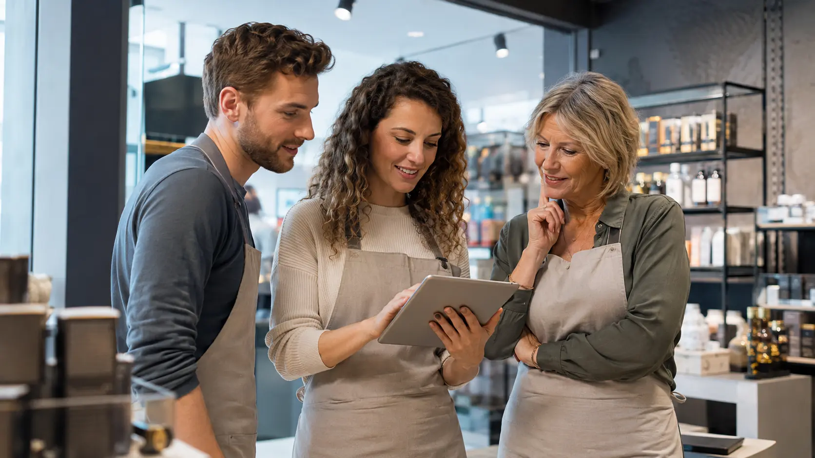 Store assistant checking a short training module on a smartphone in the aisle
