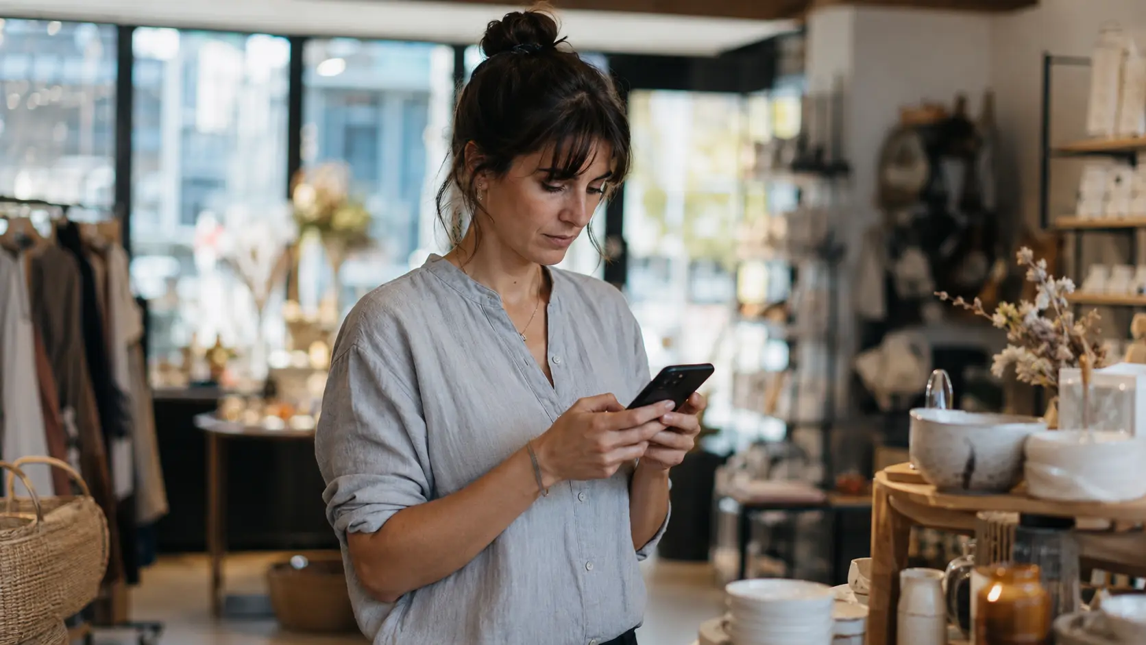 Vendeuse en boutique franchisée consultant une formation sur smartphone entre deux clients