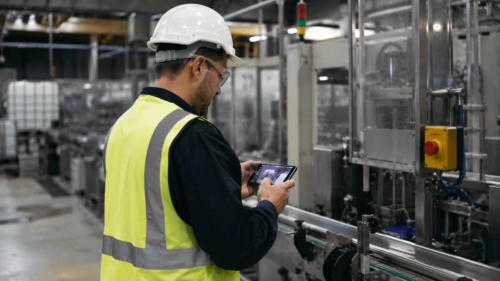 Production operator using a manufacturing LMS on a smartphone on the shop floor