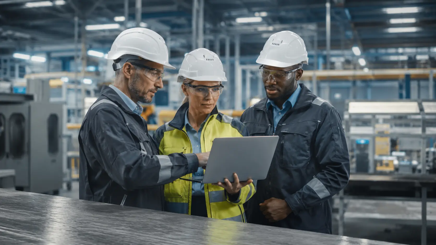 Manufacturing operators training on a smartphone on workplace safety instructions