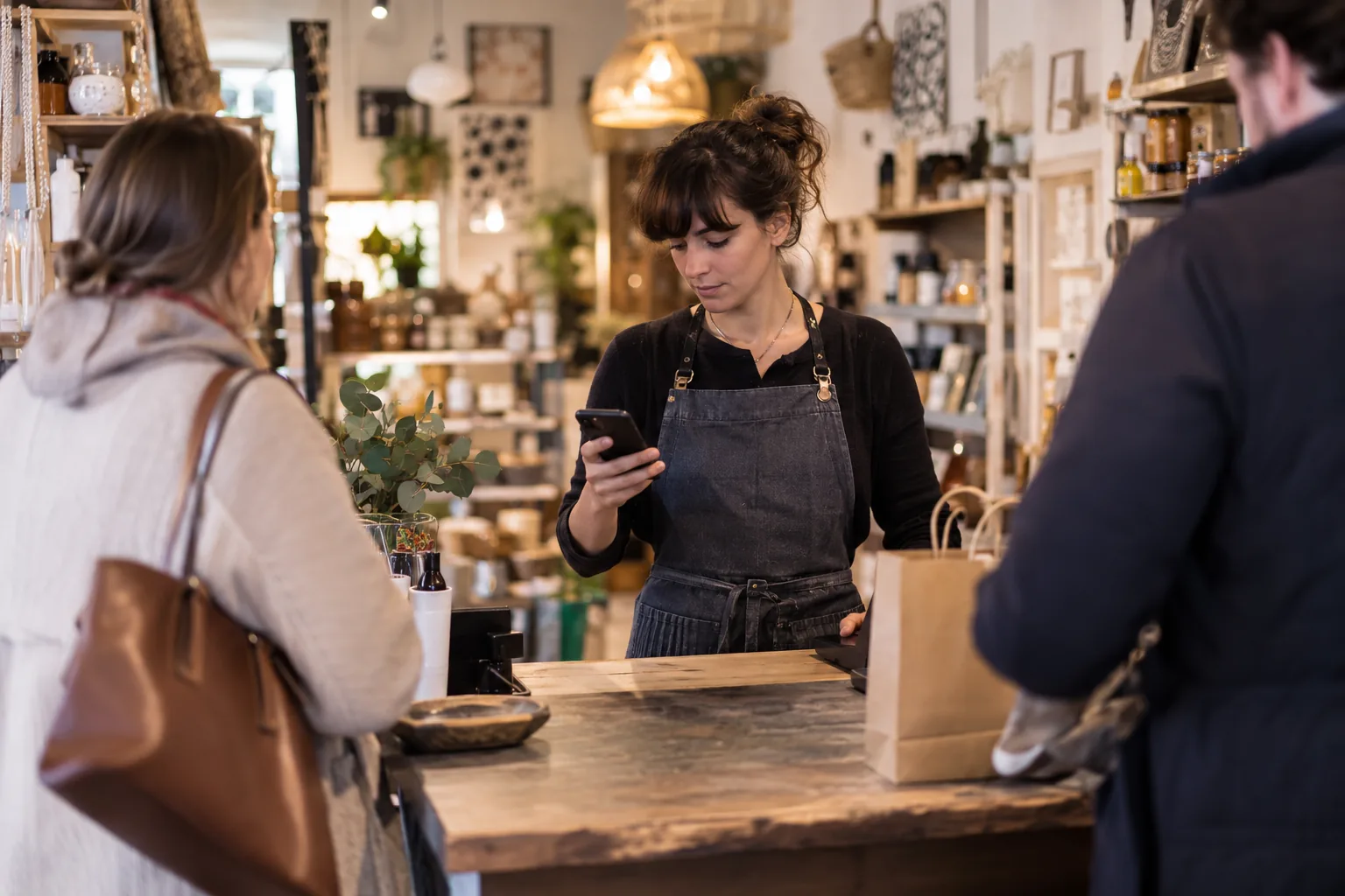 Vendeuse en boutique consultant une formation mobile sur smartphone