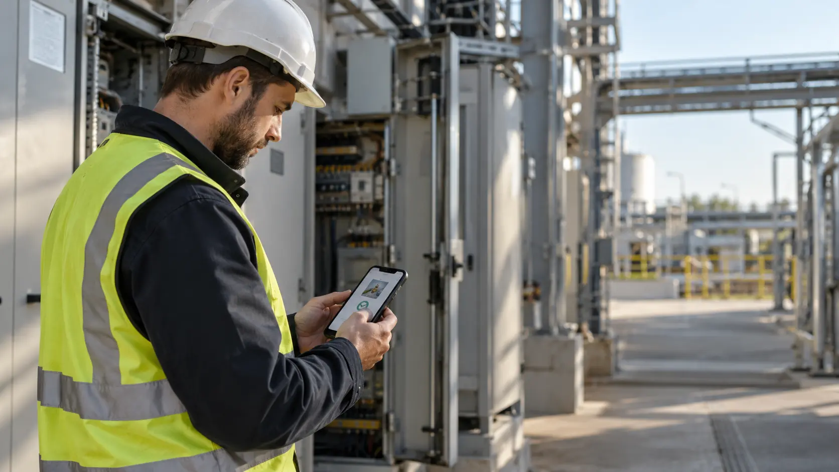 Field technician checking training on a mobile phone to track certifications