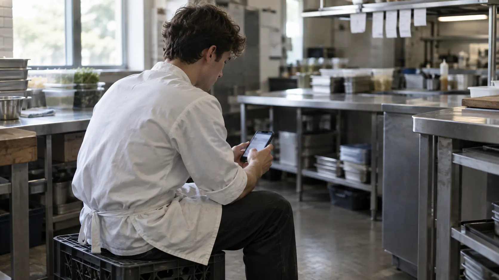 LMS for restaurants and hotels, a commis training on a smartphone during the afternoon break