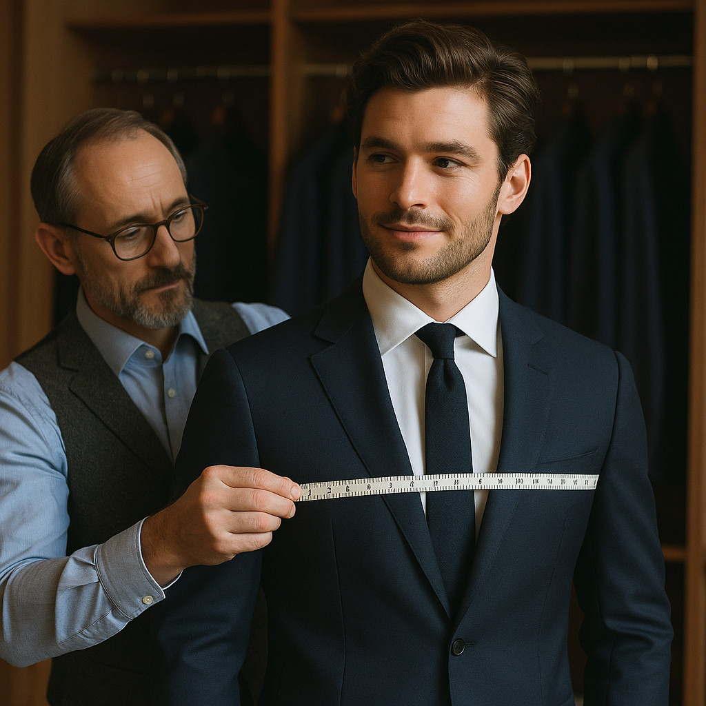 A man getting measured for a suit at a tailor studio.