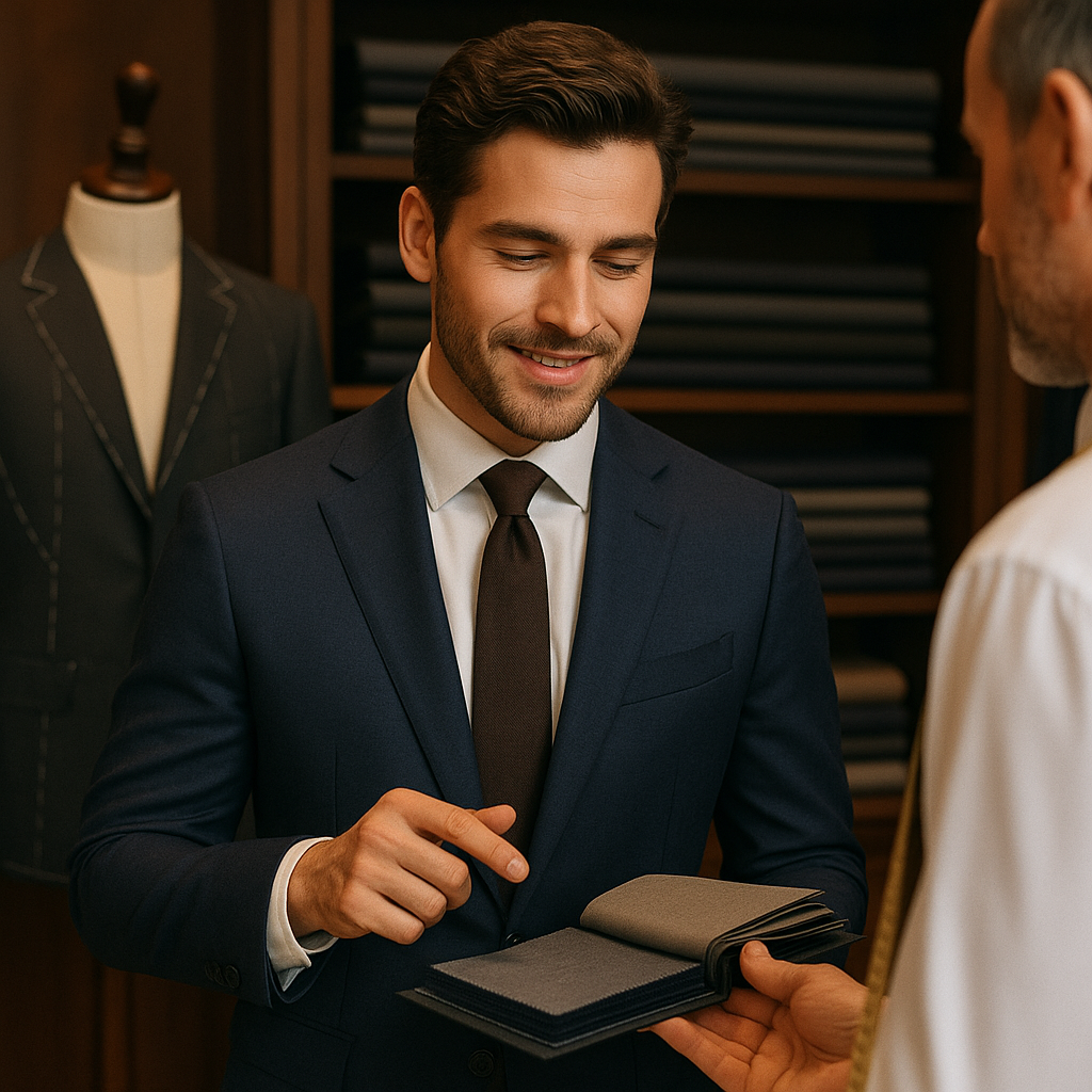 A man ordering his rental suit at the tailor studio.