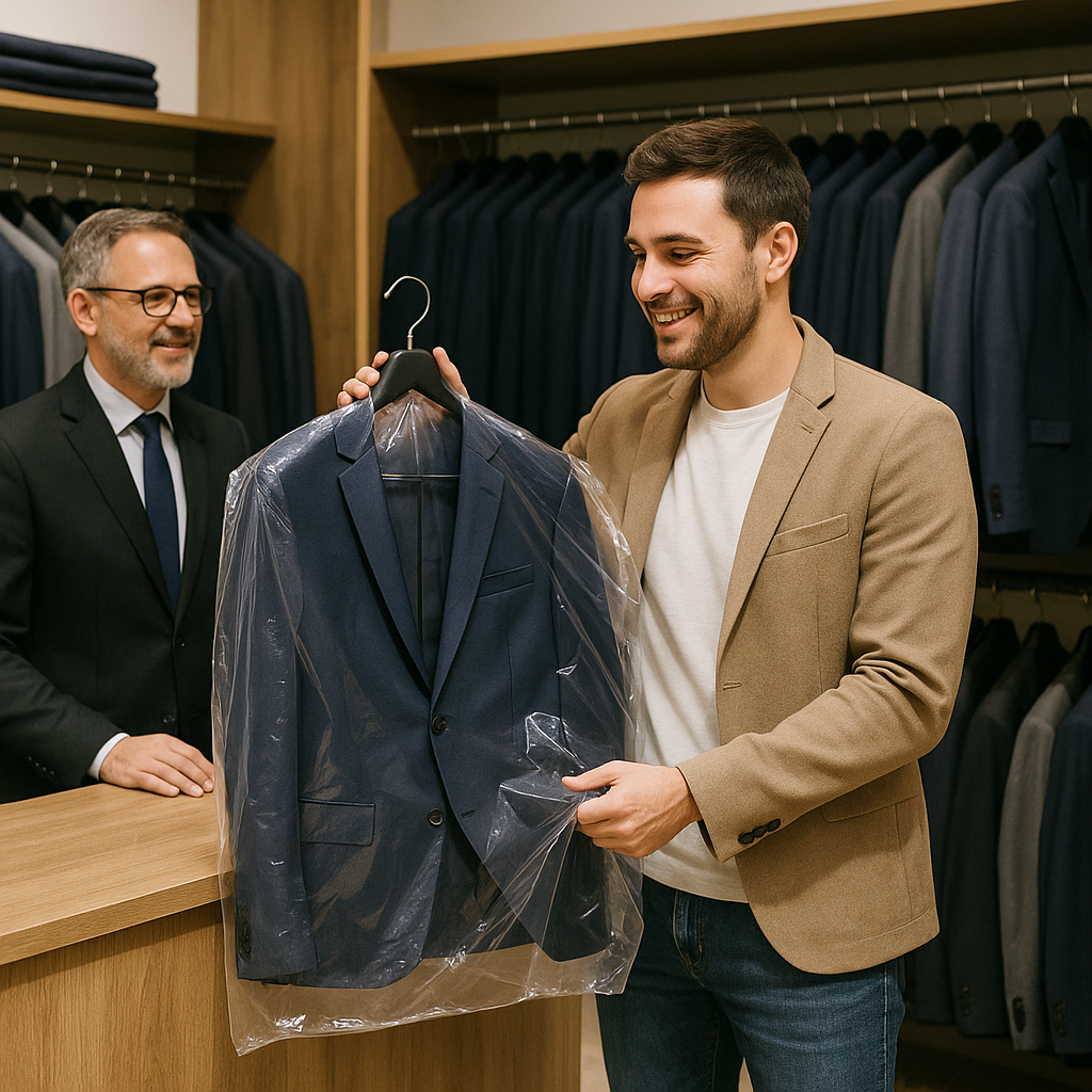 A man picking up his rental formalwear at the tailor.