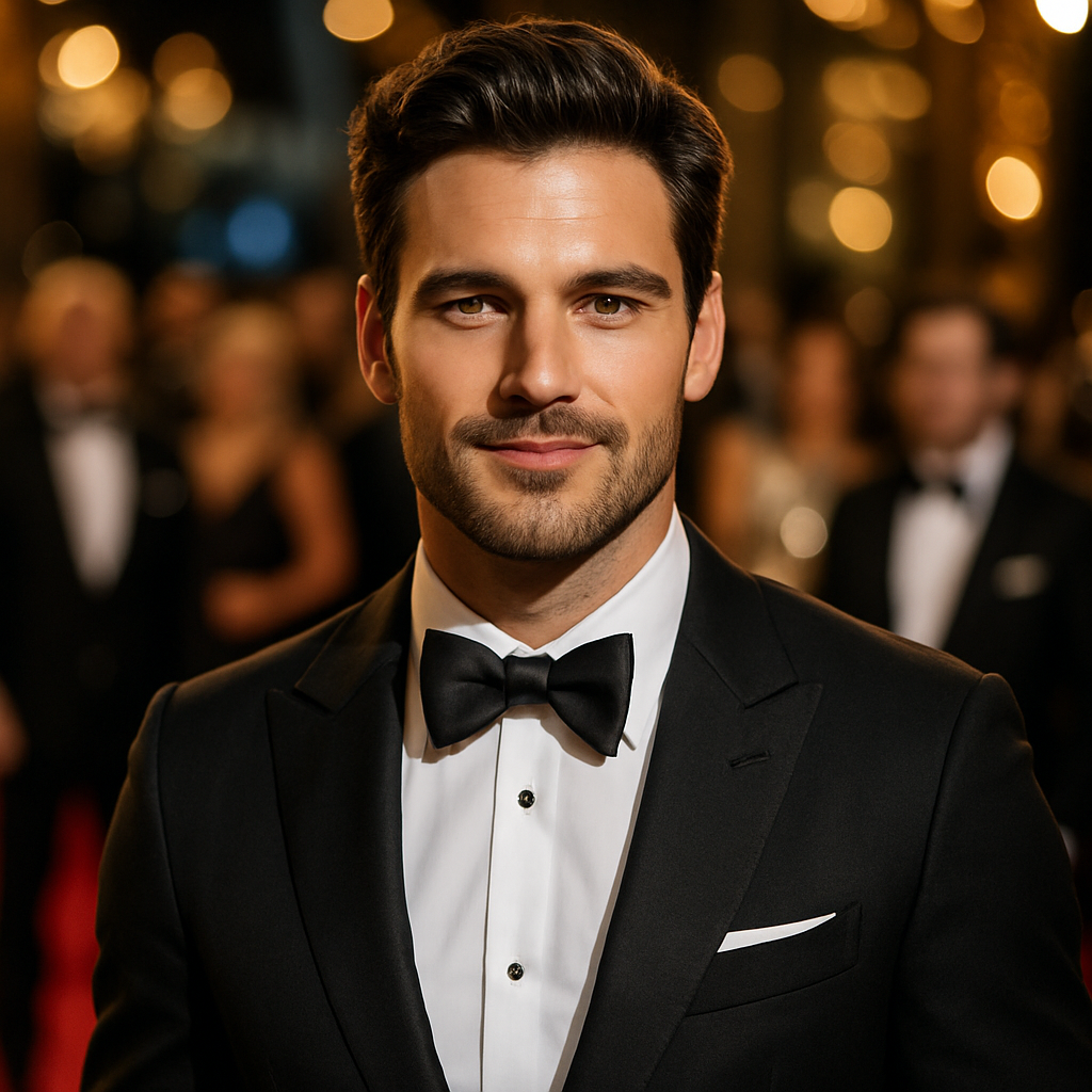 A man at a glamorous gala in his rental suit.