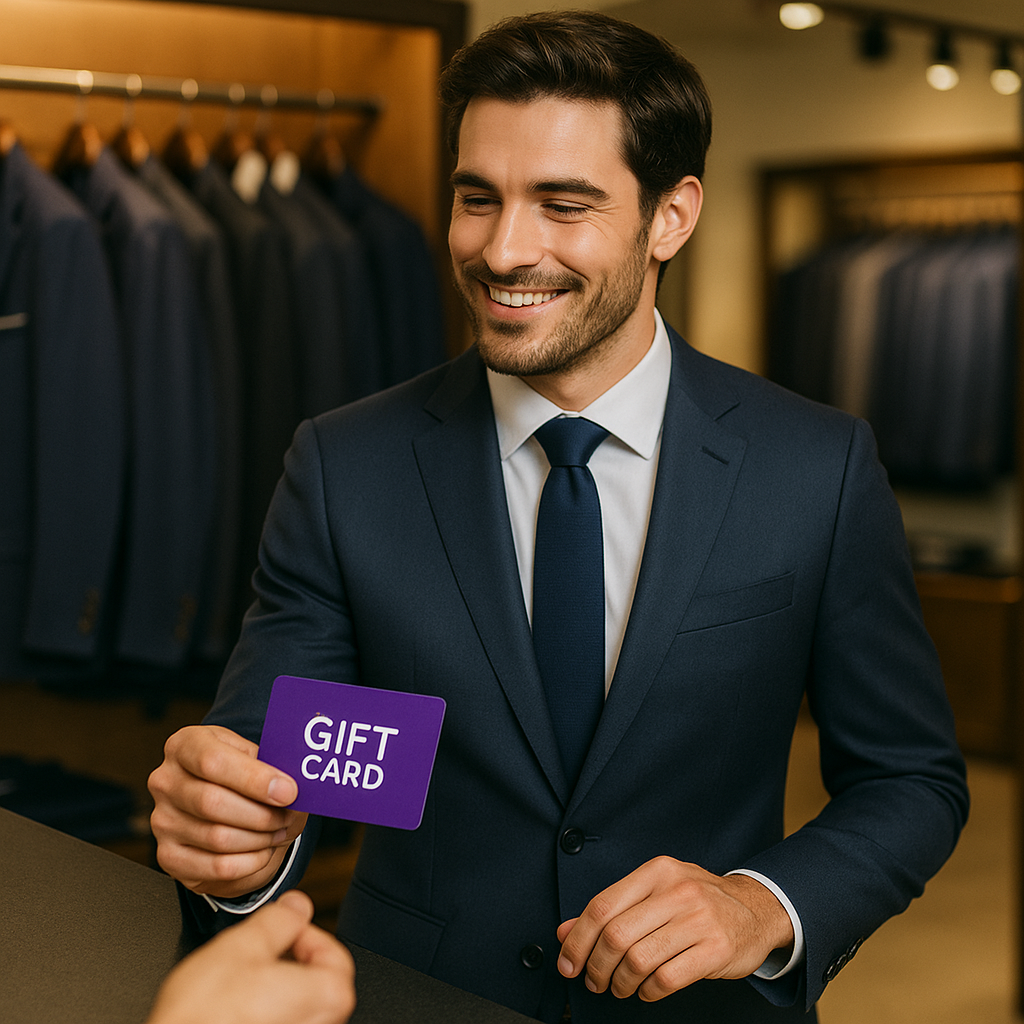 A man returning his suit to the tailor.