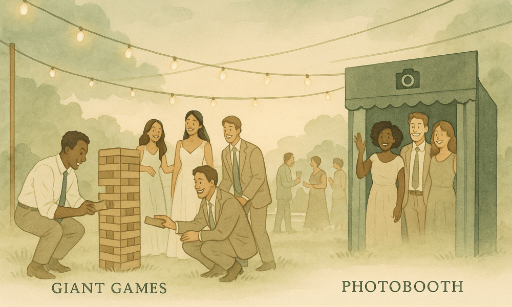 Image depicting a wedding entertainment scene with guests dancing and celebrating the event.