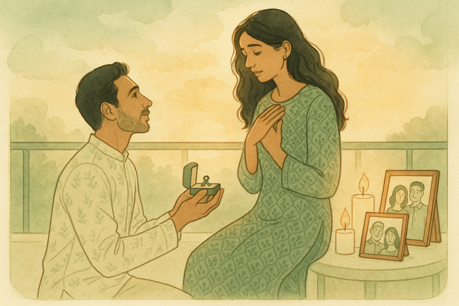 Image illustrant une demande en mariage romantique avec une bague de fiançailles dans un décor magnifique.