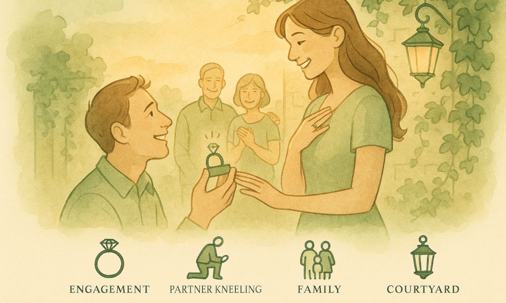 Moment intime de demande en mariage, avec une bague en diamant et une ambiance romantique.