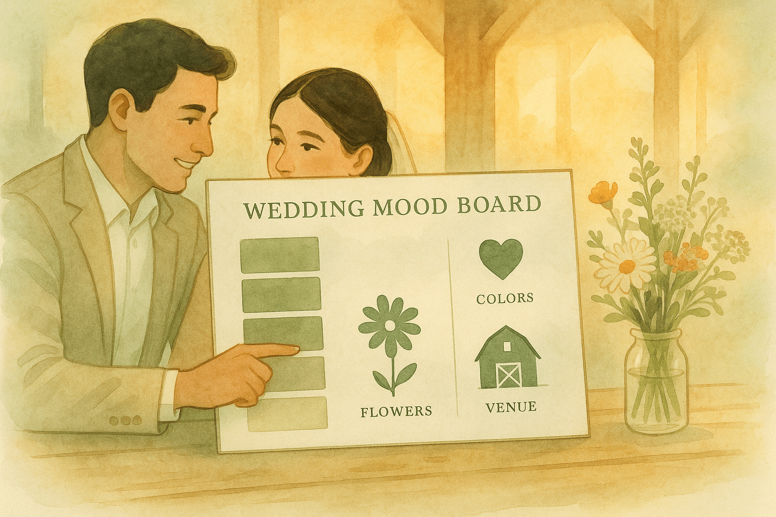 Inspirational illustration of an elegant wedding theme with floral decorations and romantic lighting.