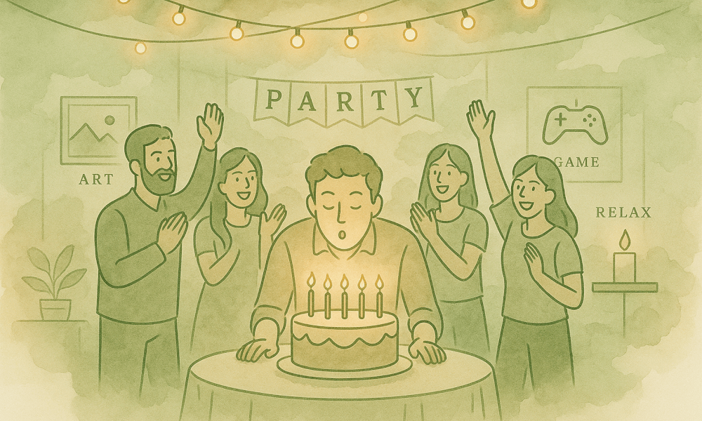 Décoration festive avec un thème d'anniversaire coloré, incluant des ballons et des guirlandes