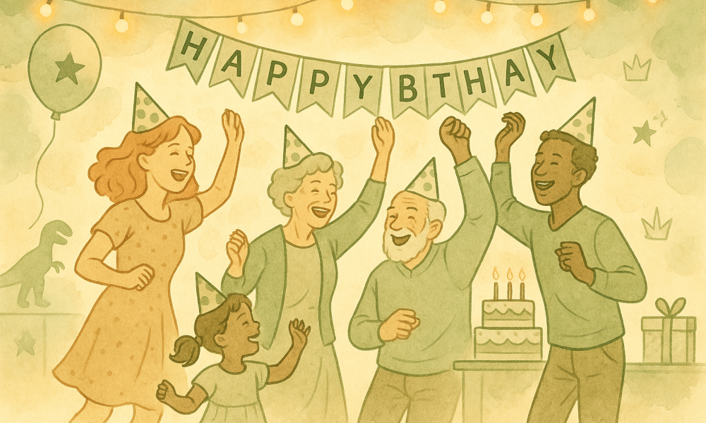 Thème festif pour un anniversaire avec des décorations colorées et des ballons.