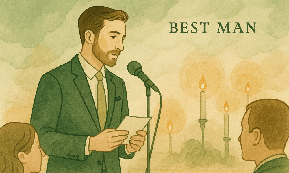 A smiling man reading a best man speech at a wedding ceremony, surrounded by guests and the newlyweds.