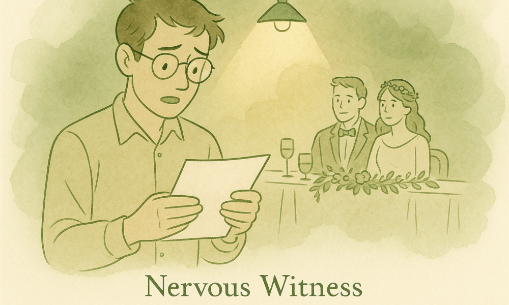 A wedding witness's speech recounting the key moments and anecdotes shared during the ceremony.