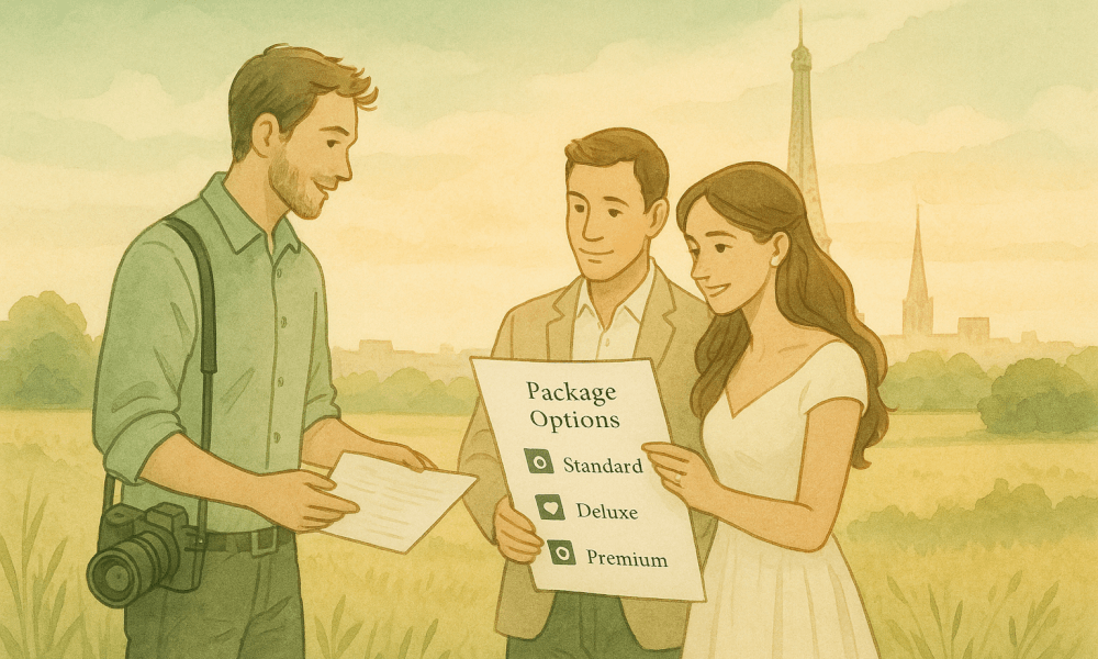 Pricing details for a wedding photographer, illustrating packages and service options.