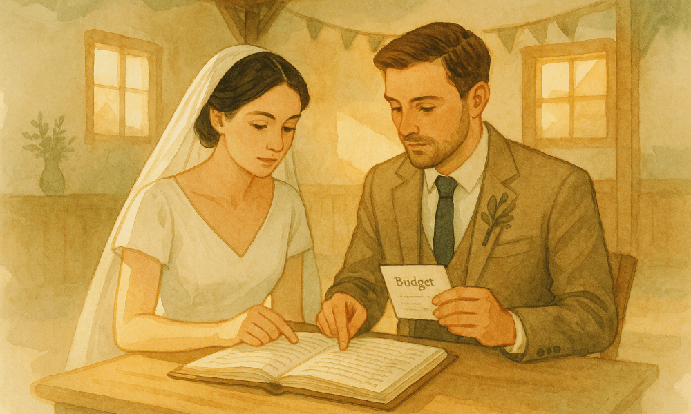 Image illustrant le coût du mariage avec des éléments symboliques tels qu'une bague et un bouquet.