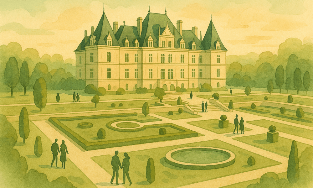 Vue du château emblématique situé en Île-de-France, entouré de jardins luxuriants et d'architecture historique.