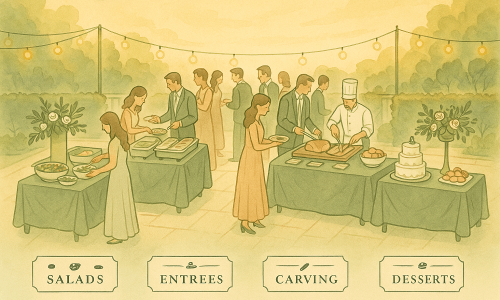 Elegant wedding buffet with a variety of dishes displayed on a decorated table, highlighting the event's festive décor.