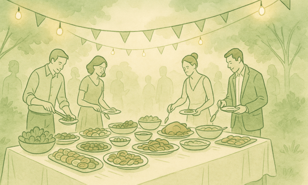 Elegant wedding buffet featuring a variety of refined dishes and festive decor.