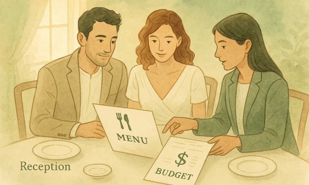 Illustration des tarifs des traiteurs pour un mariage, présentant différents forfaits et options de menus.