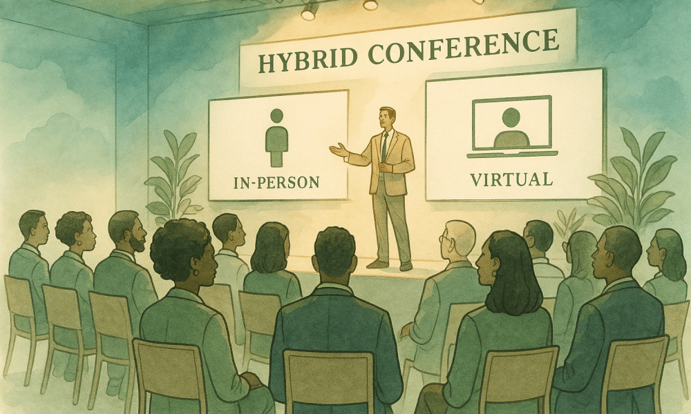 Photo of a corporate event with participants interacting and presentations in progress.