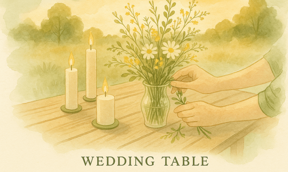 Wedding table decoration with flowers and candles, creating a romantic ambiance.