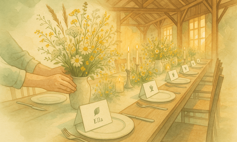Wedding table decoration with flowers and candles, creating a romantic atmosphere.