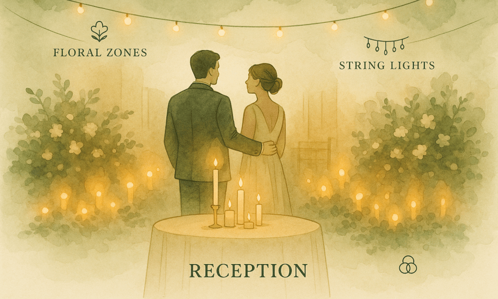 Exemple de décoration élégante pour une salle de mariage avec des fleurs et des chandeliers.