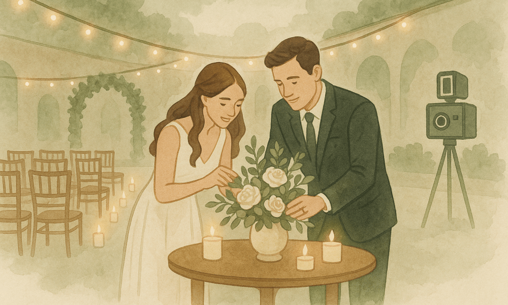 Exemple de décoration élégante pour une salle de mariage avec des arrangements floraux et une ambiance romantique.