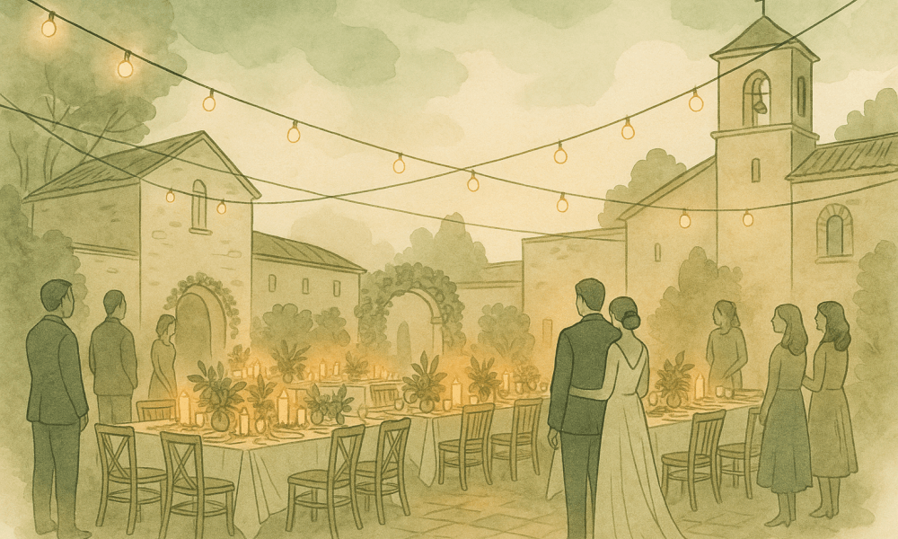 Example of wedding hall decoration with flowers and elegant drapes