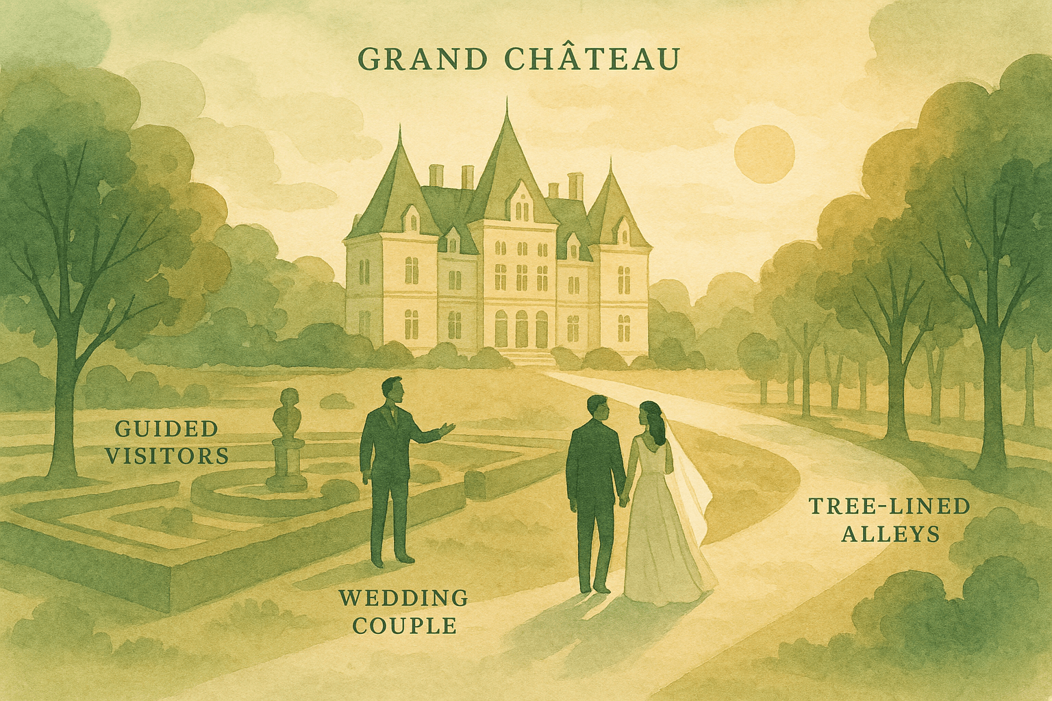 View of the château in the Yvelines at sunset, showcasing its historic architecture.