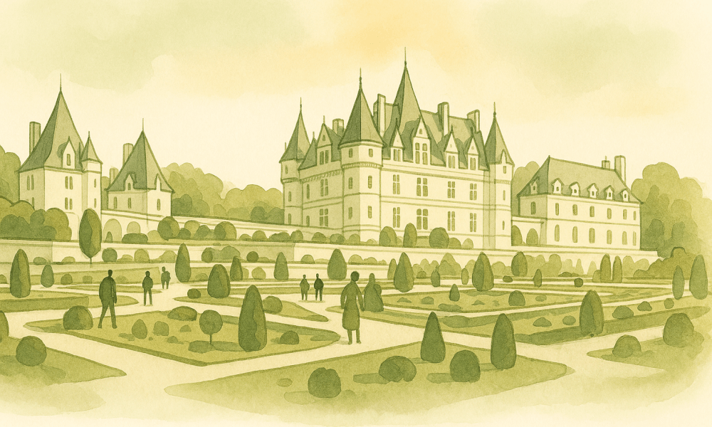A majestic view of a castle in the Yvelines, surrounded by greenery and gardens.