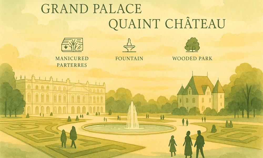Image of a majestic castle located in the Yvelines, depicting classical French architecture surrounded by verdant gardens.