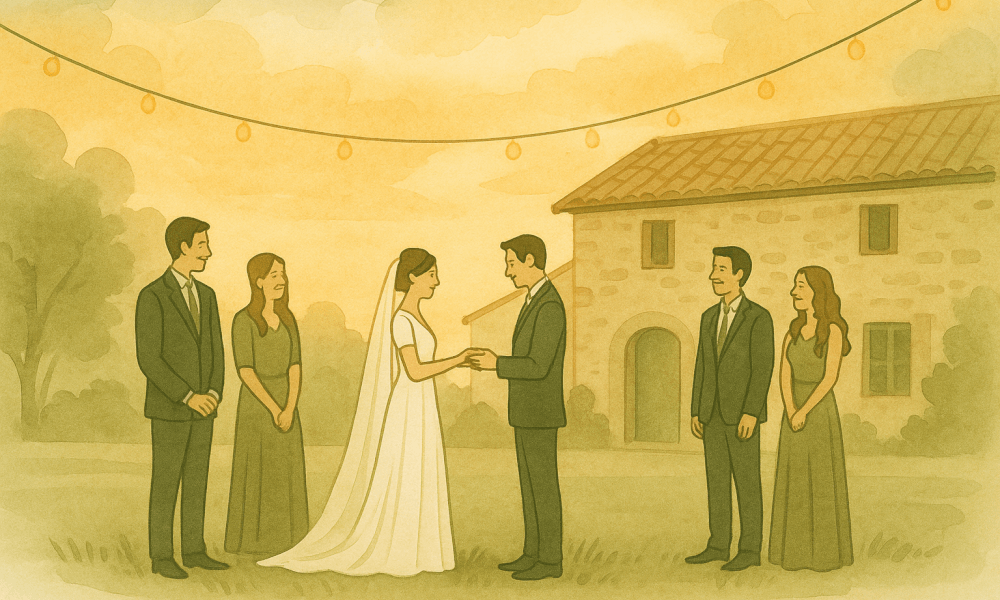 Décor romantique pour un mariage dans un gîte avec fleurs et lumières douces.