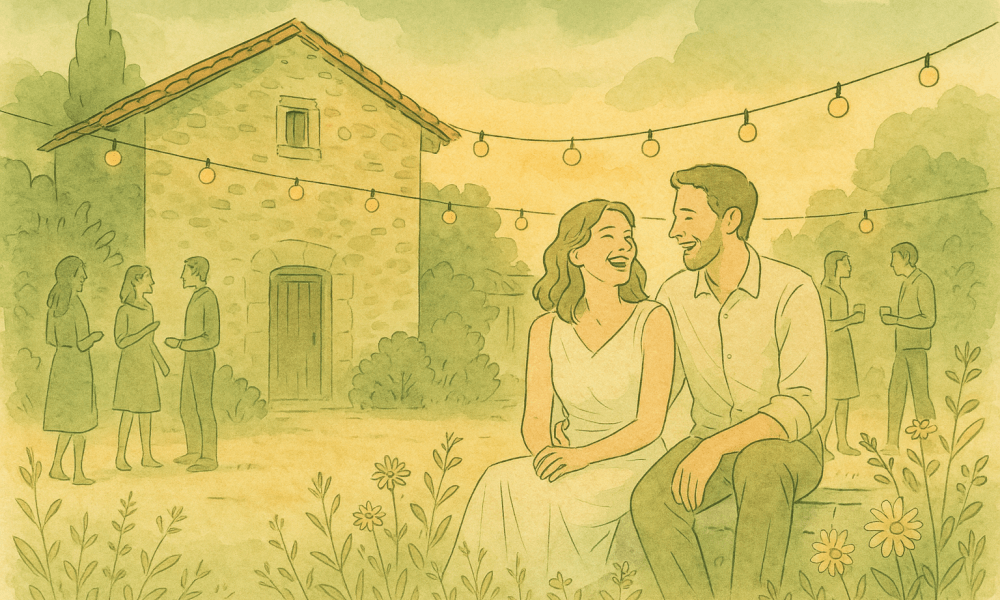 Romantic wedding ceremony in a gîte with elegant décor and a warm atmosphere.